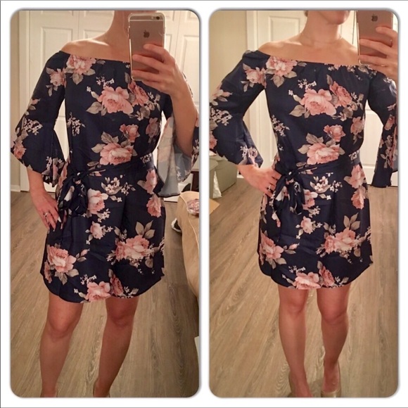 Navy Floral Off the Shoulder Dress ♻️Re-stock - Picture 4 of 5